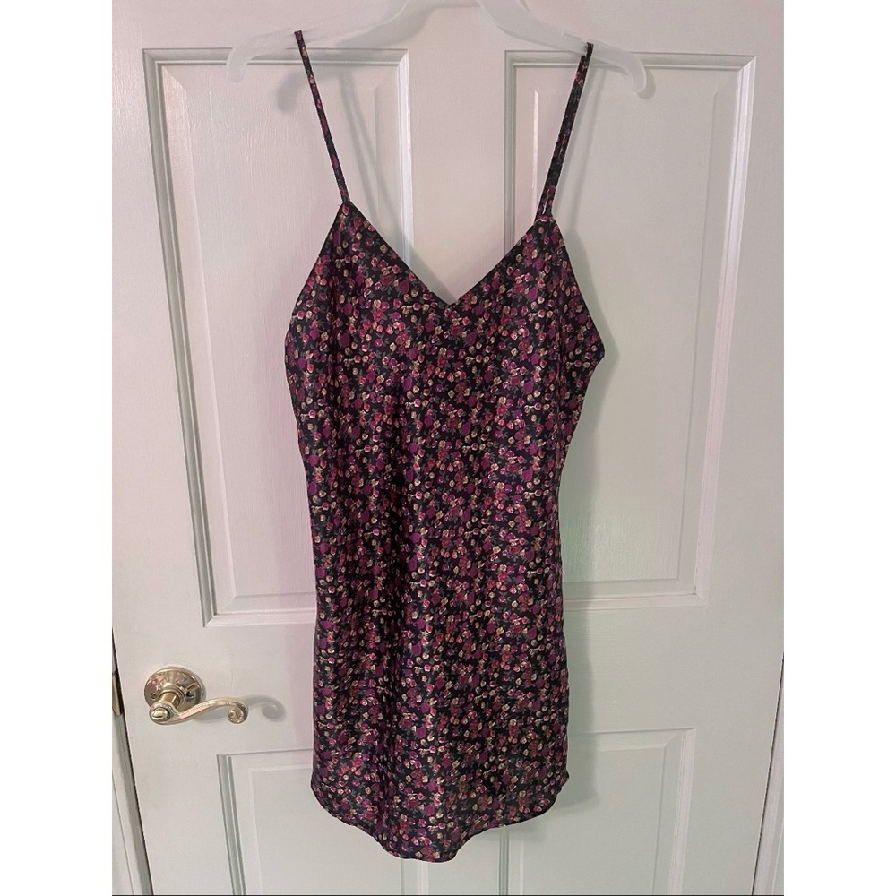 Women’s Vintage Floral Multicolor Satin Slip Dress with Slit